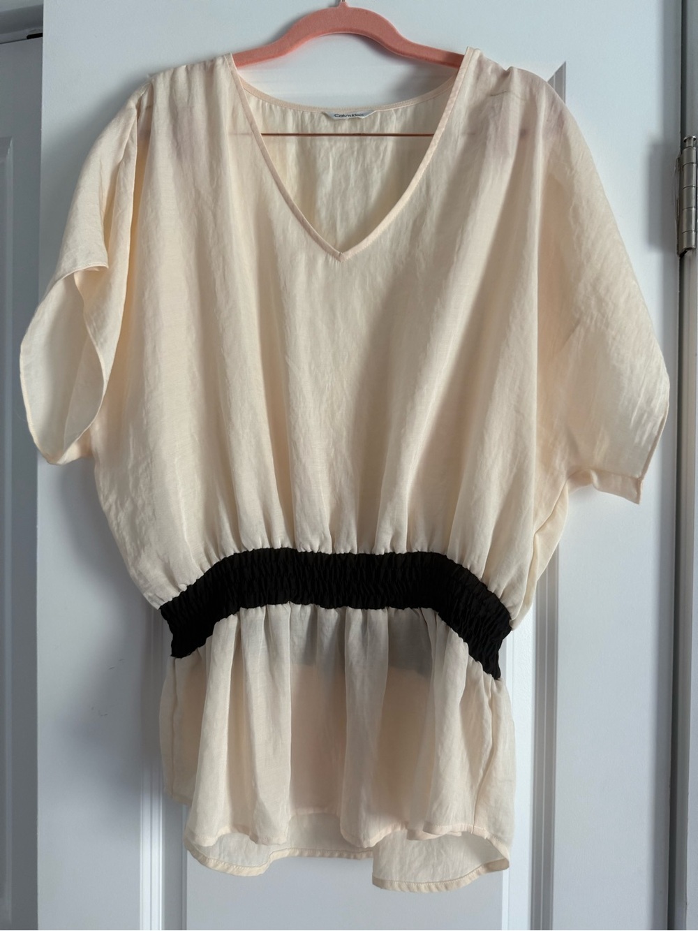 Calvin Klein Cream V-Neck Blouse with Black Smocked Waist
